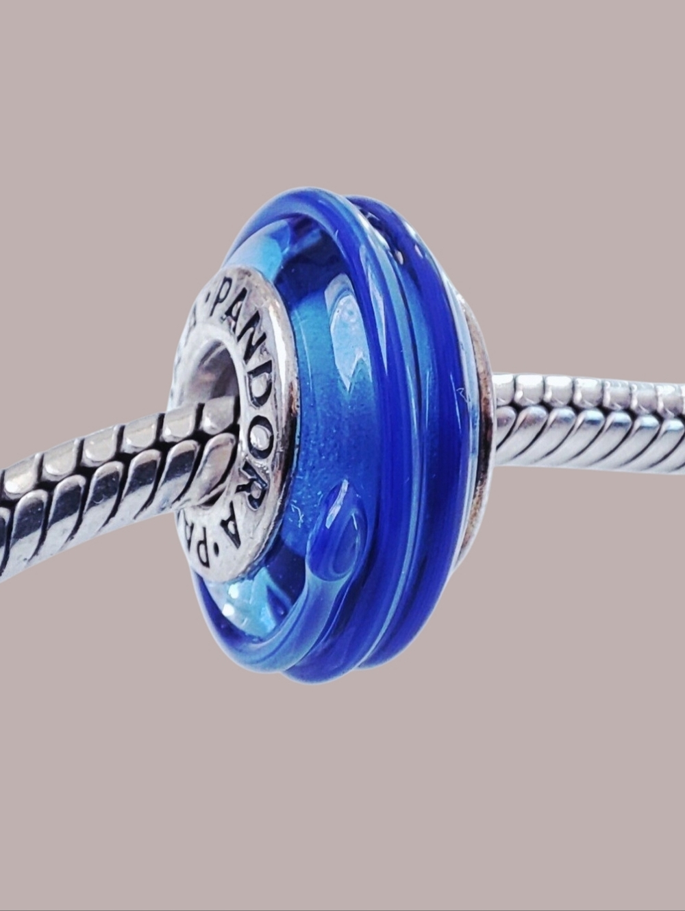 PANDORA Cobalt Blue Ribbon Swirl Murano Glass Bead Charm S925 Retired